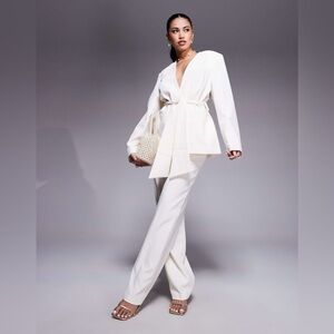 ASOS DESIGN tie waist collarless blazer in buttermilk